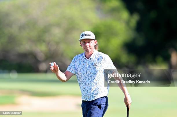 Cameron Smith of Australia gestures to the crowd after the 18th hole during Day 2 of the 2022 Australian PGA Championship at the Royal Queensland...