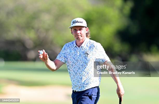 Cameron Smith of Australia gestures to the crowd after the 18th hole during Day 2 of the 2022 Australian PGA Championship at the Royal Queensland...