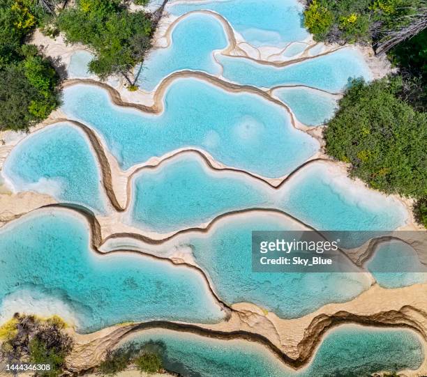 aerial view of natural pools with clear blue water, from above - jiuzhaigou imagens e fotografias de stock