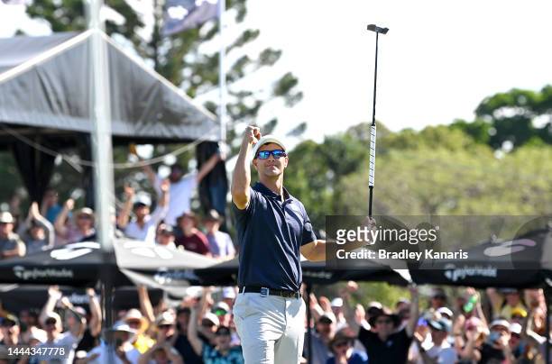 Adam Scott of Australia celebrates after landing the putt on the 17th hole during Day 2 of the 2022 Australian PGA Championship at the Royal...
