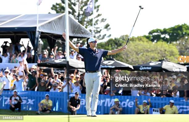 Adam Scott of Australia celebrates after landing the putt on the 17th hole during Day 2 of the 2022 Australian PGA Championship at the Royal...