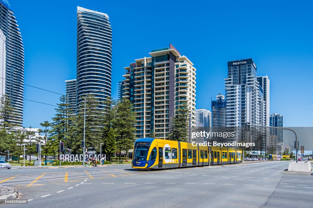 Gold Coast Light Rail passing Broadbeach sign, Gold Coast, Queensland
