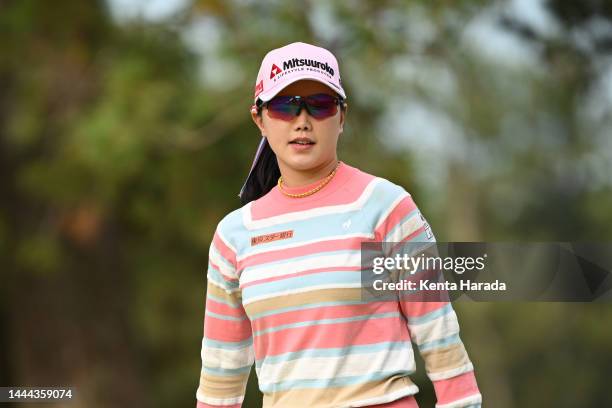 Yuting Seki of China reacts after a putt on the 18th green during the second round of the JLPGA Tour Championship Ricoh Cup at Miyazaki Country Club...