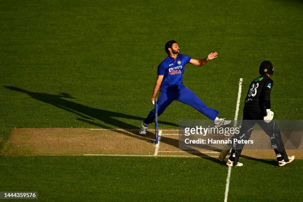 Shardul Thakur of India bowls during game one of the One Day International series between New Zealand and India at Eden Park on November 25, 2022 in...
