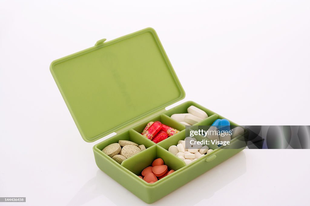 A box full of different medicines, Close-up