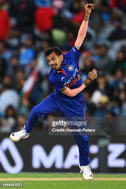 Yuzvendra Chahal of India bowls during game one of the One Day International series between New Zealand and India at Eden Park on November 25, 2022...