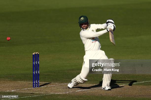 Peter Handscomb of the Prime Ministers XI bats during the tour match between the Prime Ministers XI and the West Indies at Manuka Oval on November...