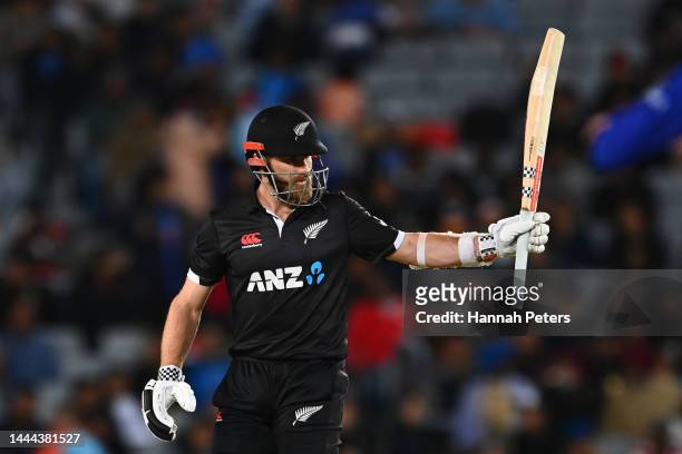 Kane Williamson of the Black Caps acknowledges the crowd after scoring fifty runs during game one of the One Day International series between New...