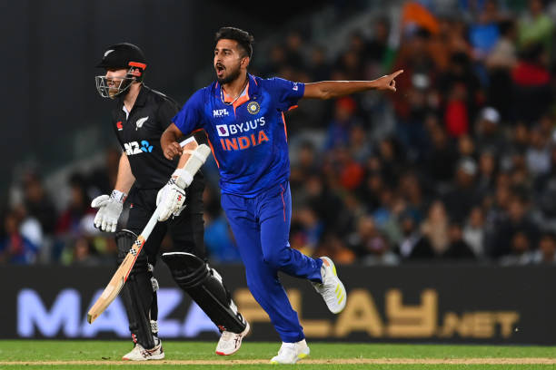 Umran Malik of India reacts during game one of the One Day International series between New Zealand and India at Eden Park on November 25, 2022 in...