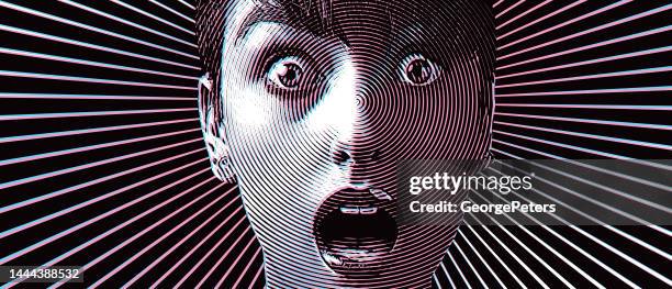 ilustrações de stock, clip art, desenhos animados e ícones de woman with shocked facial expression and glitch technique - androgynous