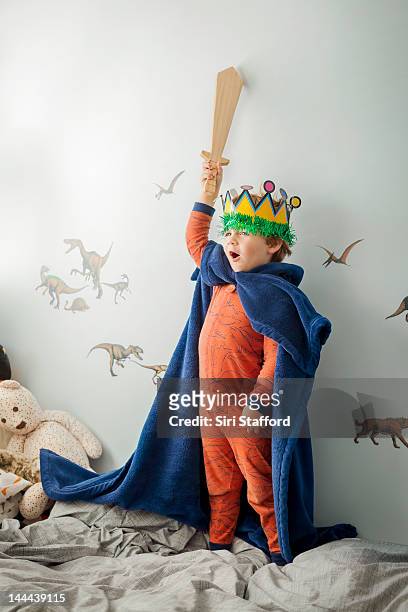 young boy dressed up in homemade king costume - könig königliche persönlichkeit stock-fotos und bilder