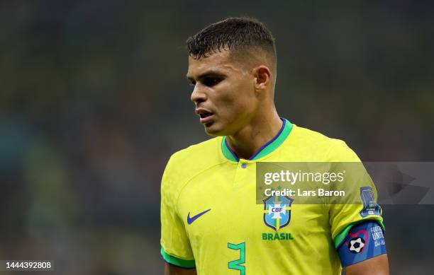 Thiago Silva of Brazil looks on during the FIFA World Cup Qatar 2022 Group G match between Brazil and Serbia at Lusail Stadium on November 24, 2022...