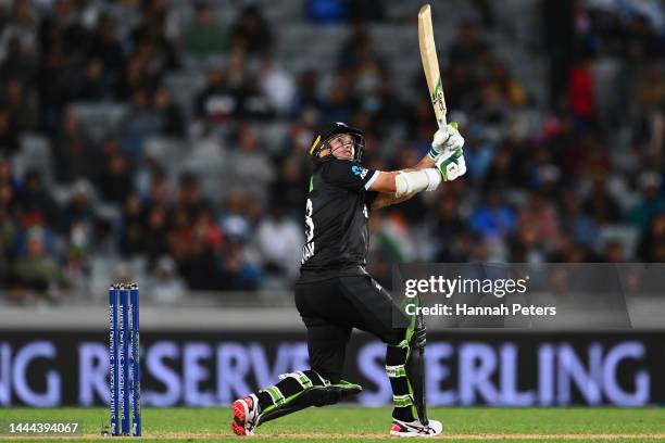 Tom Latham of the Black Caps pulls the ball away for six runs during game one of the One Day International series between New Zealand and India at...