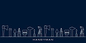 Professional handyman services. Vector banner template with tools collection and text space.  Set of repair tools on dark blue background for your design. EPS10.