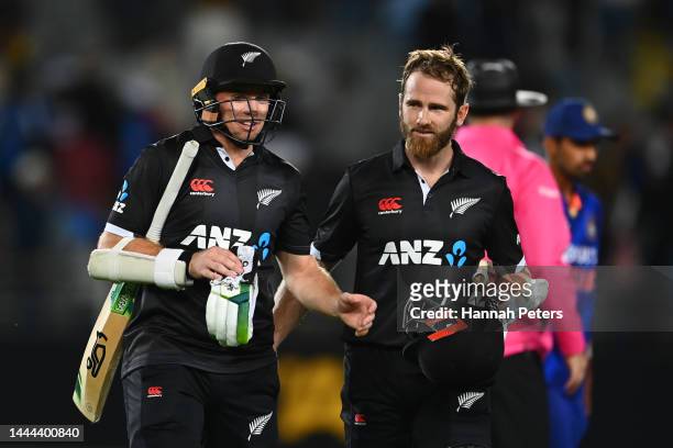Kane Williamson and Tom Latham of the Black Caps celebrate after winning game one of the One Day International series between New Zealand and India...