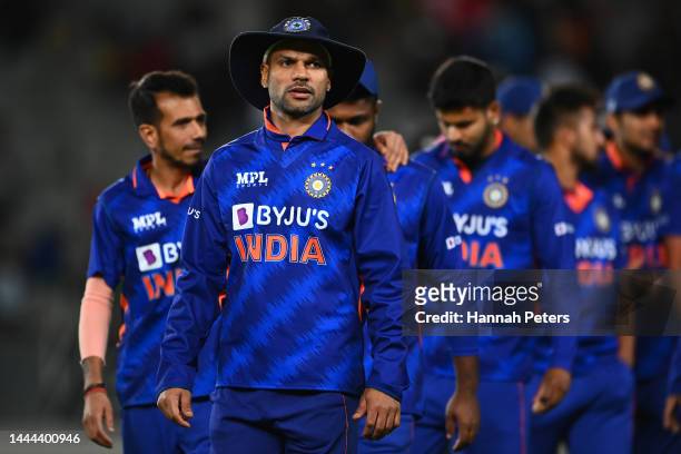 Shikhar Dhawan of India leads his team off after losing game one of the One Day International series between New Zealand and India at Eden Park on...