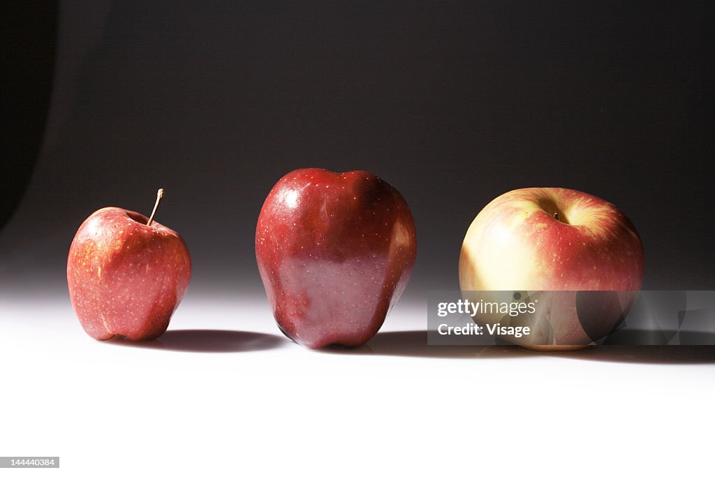 Apples of various sizes in a row