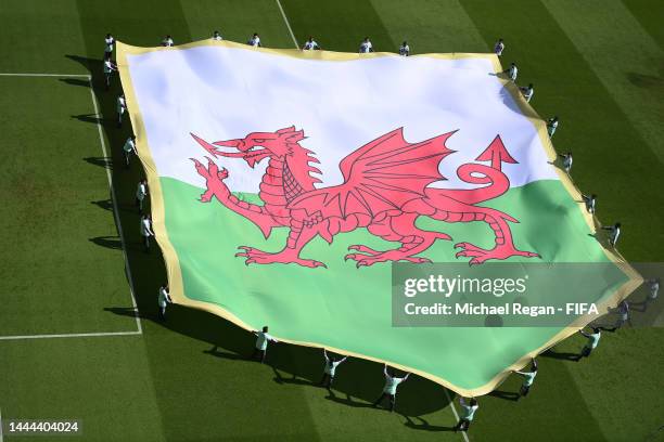 Giant Wales flag is seen prior to the FIFA World Cup Qatar 2022 Group B match between Wales and IR Iran at Ahmad Bin Ali Stadium on November 25, 2022...