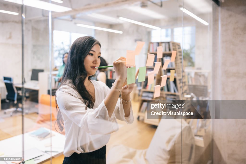 Business woman creating a mindmap on post-it notes