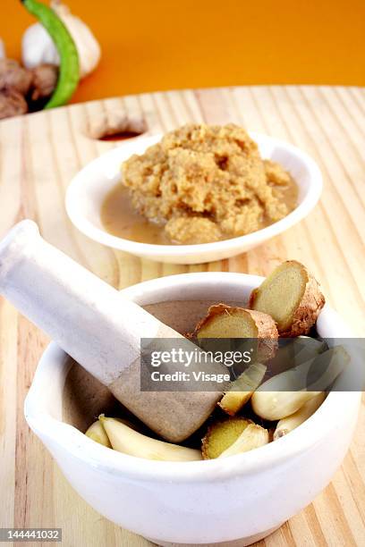 ginger and garlic in a mortar with pestle by ginger and garlic paste - bañar en su jugo durante la cocción fotografías e imágenes de stock