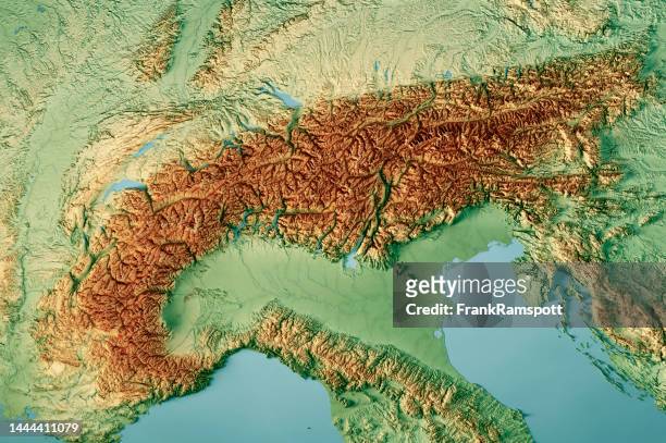 alps mountain range 3d render topographic map color - switzerland map stock pictures, royalty-free photos & images