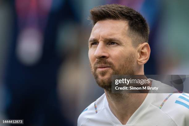 Lionel Messi of Argentina looks on during the warm up ahead of the FIFA World Cup Qatar 2022 Group C match between Argentina and Saudi Arabia at...