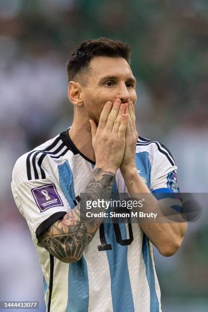 Lionel Messi of Argentina reacts during the FIFA World Cup Qatar 2022 Group C match between Argentina and Saudi Arabia at Lusail Stadium on November...