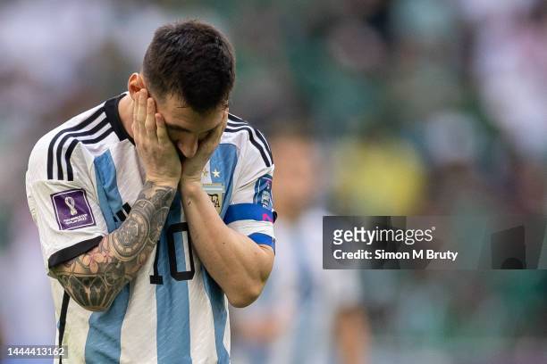 Lionel Messi of Argentina appears dejected during the FIFA World Cup Qatar 2022 Group C match between Argentina and Saudi Arabia at Lusail Stadium on...