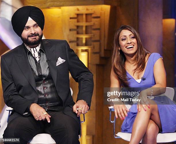 Navjot Singh Sidhu and Isa Guha on the sets of IPL Extra Innings, shot at RK Studios in Mumbai.