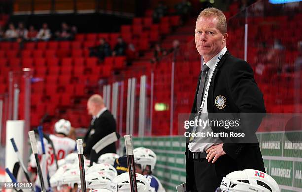 Roy Johansen, head coach of Norway looks on during the IIHF World Championship group S match between Germany and Norway at Ericsson Globe on May 13,...