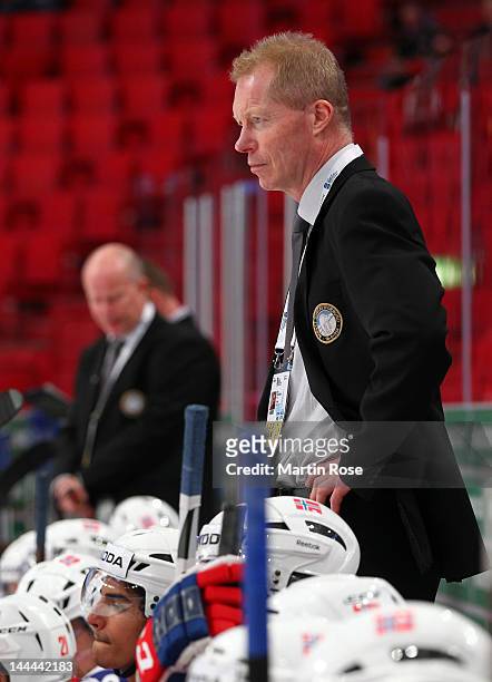 Roy Johansen, head coach of Norway looks on during the IIHF World Championship group S match between Germany and Norway at Ericsson Globe on May 13,...