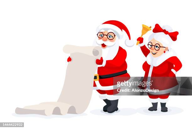 santa claus and his wife mrs claus celebrate holidays. funny santa claus reading his list. christmas card. - mrs claus stock illustrations