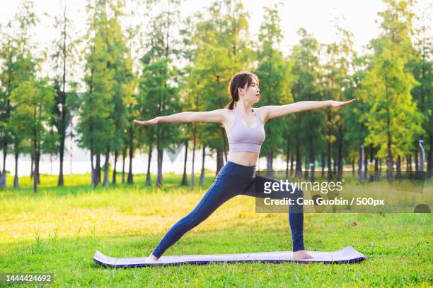 women practising yoga outdoors - flagpole sitting stockfoto's en -beelden