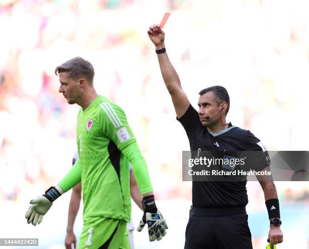 Wayne Hennessey of Wales is shown a red card by referee Mario Alberto Escobar Toca during the FIFA World Cup Qatar 2022 Group B match between Wales...