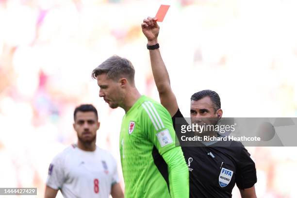 Wayne Hennessey of Wales is shown a red card by referee Mario Alberto Escobar Toca during the FIFA World Cup Qatar 2022 Group B match between Wales...