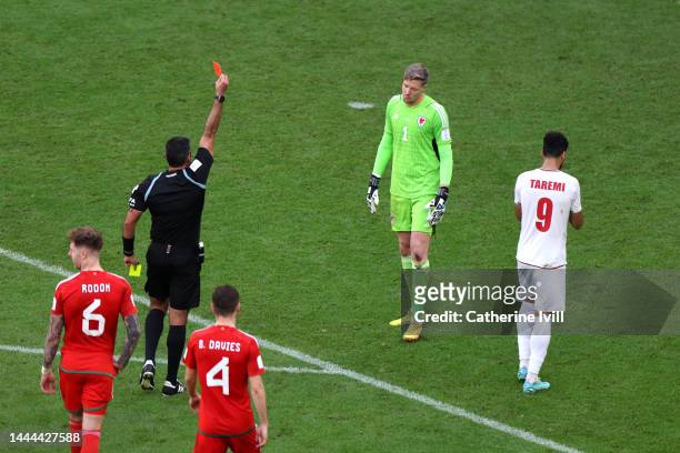 Wayne Hennessey of Wales is shown a red card by referee Mario Alberto Escobar Toca during the FIFA World Cup Qatar 2022 Group B match between Wales...