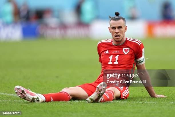 Gareth Bale of Wales reacts after conceding a goal to Roozbeh Cheshmi of IR Iran during the FIFA World Cup Qatar 2022 Group B match between Wales and...