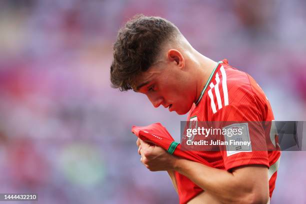 Daniel James of Wales reacts during the FIFA World Cup Qatar 2022 Group B match between Wales and IR Iran at Ahmad Bin Ali Stadium on November 25,...