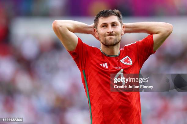 Ben Davies of Wales reacts during the FIFA World Cup Qatar 2022 Group B match between Wales and IR Iran at Ahmad Bin Ali Stadium on November 25, 2022...