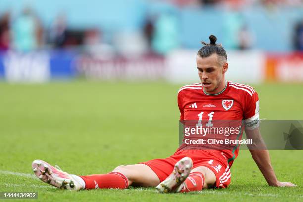Gareth Bale of Wales reacts after conceding a goal to Roozbeh Cheshmi of IR Iran during the FIFA World Cup Qatar 2022 Group B match between Wales and...