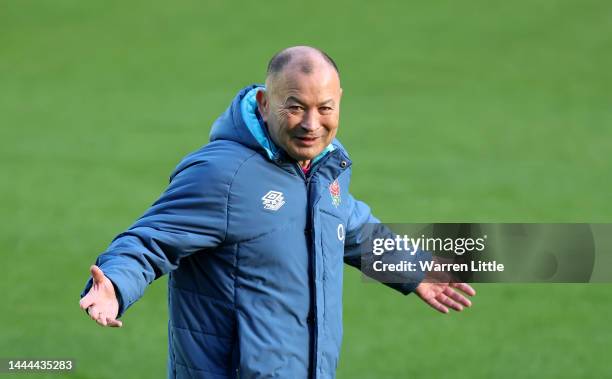 Eddie Jones, England Head Coach gestures during the Captain's Run at Twickenham Stadium on November 25, 2022 in London, England.