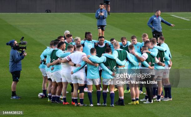 The England team huddle during the Captain's Run at Twickenham Stadium on November 25, 2022 in London, England.
