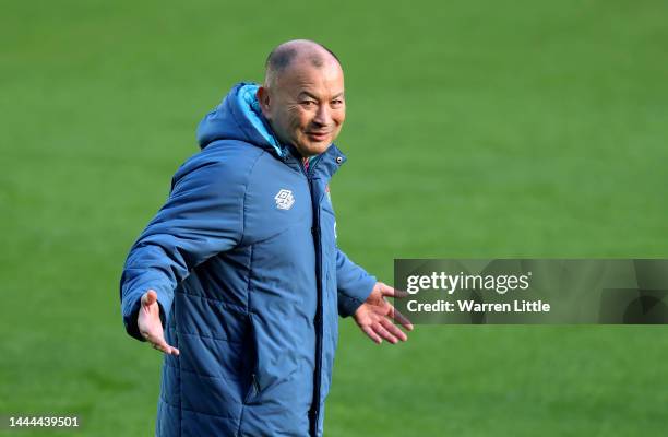 Eddie Jones, England Head Coach gestures during the Captain's Run at Twickenham Stadium on November 25, 2022 in London, England.