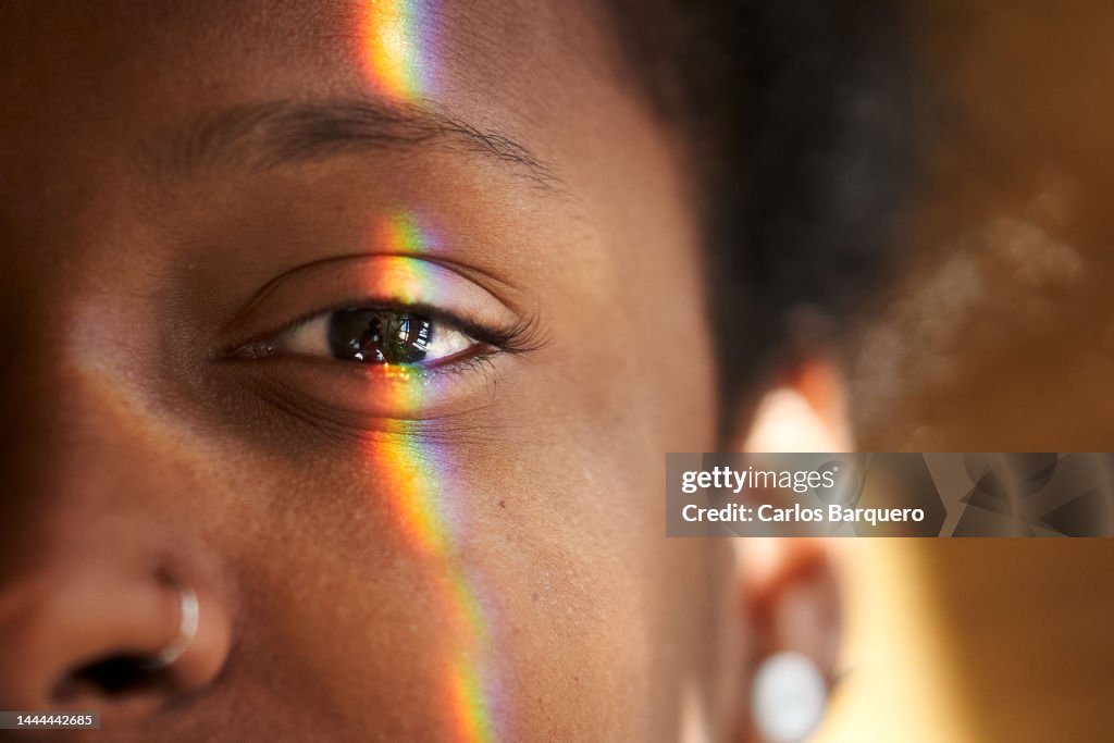 Close up photo of Multi Coloured Light Falling On Human Eye.