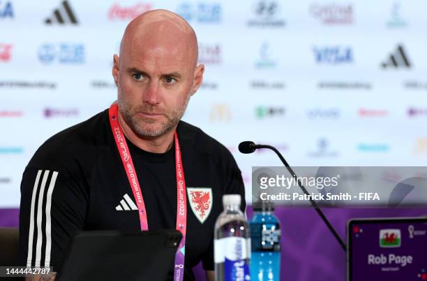 Rob Page, Head Coach of Wales, speaks in a post match press conference after the 0-2 loss during the FIFA World Cup Qatar 2022 Group B match between...