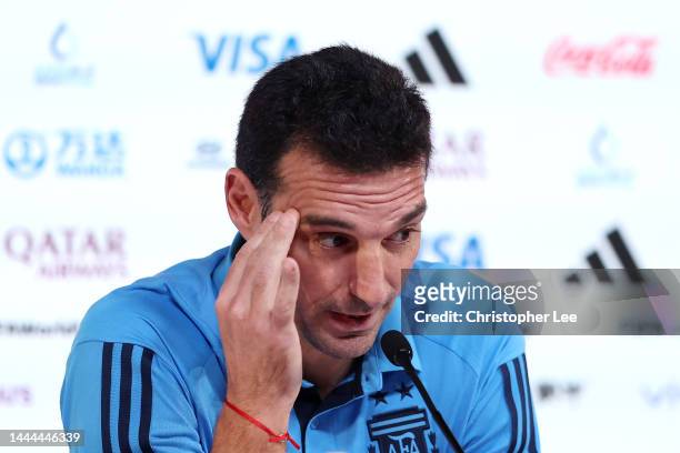 Lionel Scaloni, Head Coach of Argentina, reacts during the Argentina Press Conference at the Main Media Center on November 25, 2022 in Doha, Qatar.