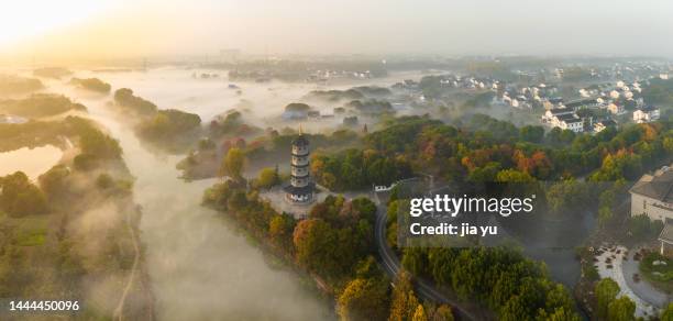 a misty village park in jiangyin, jiangsu province, china - china jiangyin imagens e fotografias de stock