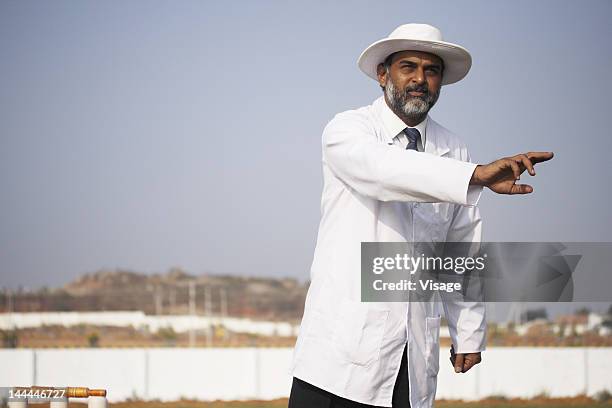 an umpire signaling a boundary - cricket umpire stock pictures, royalty-free photos & images