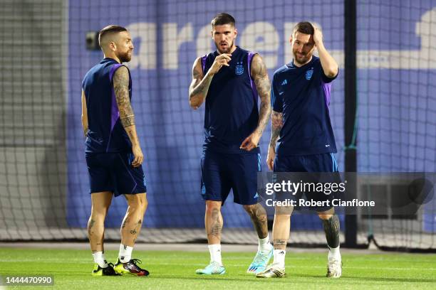 Lionel Messi of Argentina reacts during the Argentina MD-1 training session at Qatar University on November 25, 2022 in Doha, Qatar.