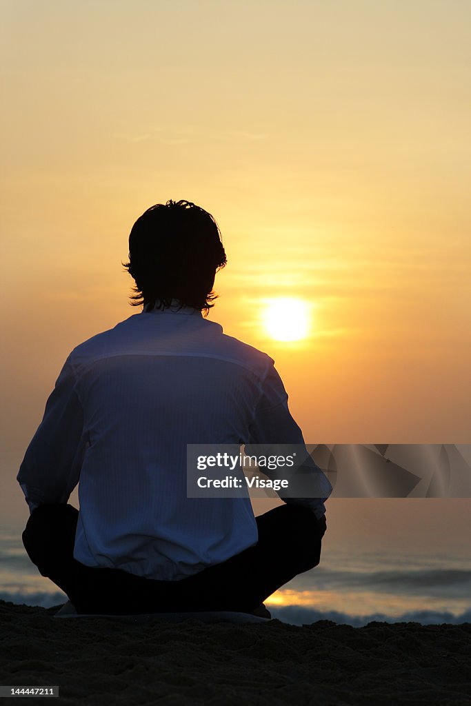 Rear view of a man sitting on a beach